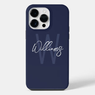 Navy Blue Script Personalized Monogram and Name iPhone 14 Pro Max Case