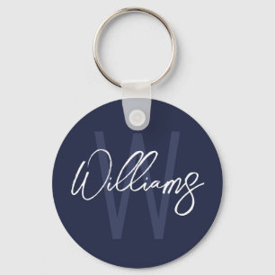 Navy Blue Script Personalized Monogram and Name Keychain