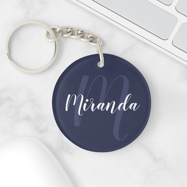 Navy Blue Script Personalized Monogram and Name Keychain (Creator Uploaded)