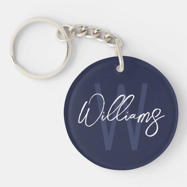 Navy Blue Script Personalized Monogram and Name Keychain (Front)