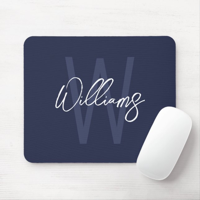Navy Blue Script Personalized Monogram and Name Mouse Pad (With Mouse)