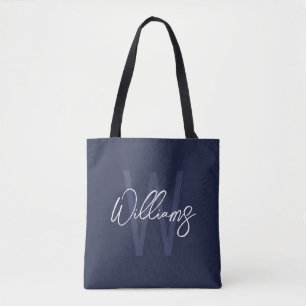 Navy Blue Script Personalized Monogram and Name Tote Bag