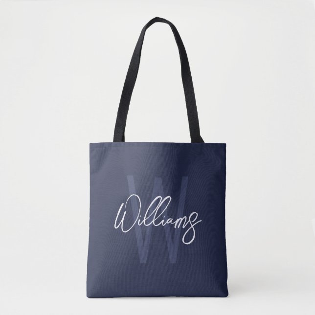 Navy Blue Script Personalized Monogram and Name Tote Bag (Front)