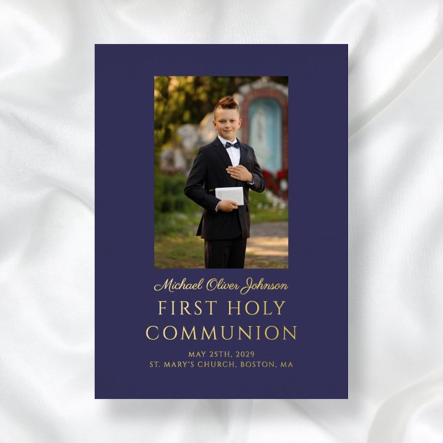 Navy Blue Script Photo Boy First Holy Communion (Navy Blue Script Photo Boy First Holy Communion Foil Invitation)