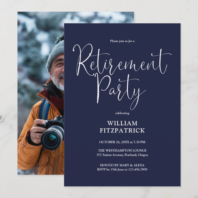 Navy Blue Script Photo Retirement Party Invitation (Front/Back)