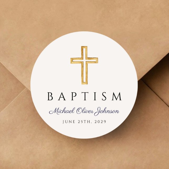  Navy Blue Script Religious Cross Boy Baptism  Classic Round Sticker (Navy Blue Script Religious Cross Boy Baptism Classic Round Sticker)