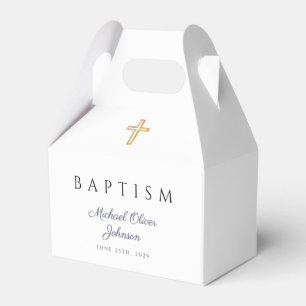 Navy Blue Script Religious Cross Boy Baptism Favor Box