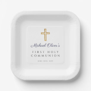 Navy Blue Script Religious Cross First Communion  Paper Plate