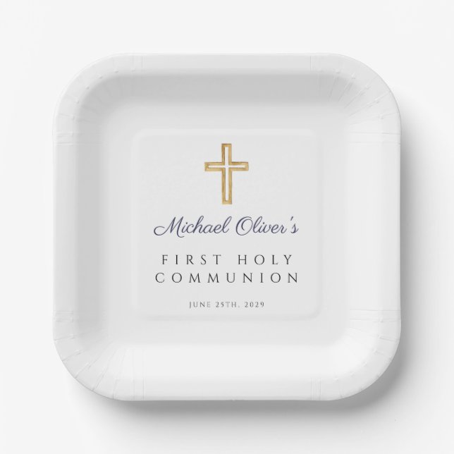 Navy Blue Script Religious Cross First Communion  Paper Plate (Front)