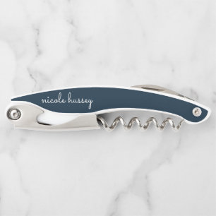 Navy Blue Script    Stylish Monogram Modern Corkscrew
