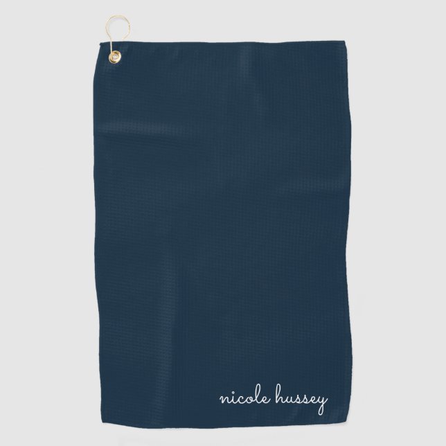Navy Blue Script  | Stylish Monogram Modern Golf Towel (Front)