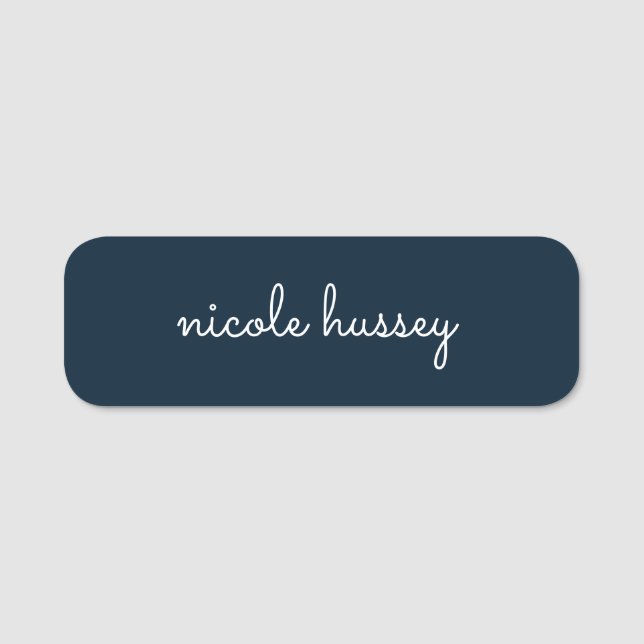 Navy Blue Script  | Stylish Monogram Modern Name Tag (Front)