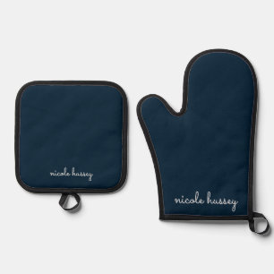 Navy Blue Script Stylish Monogram Modern Oven Mitt & Pot Holder Set