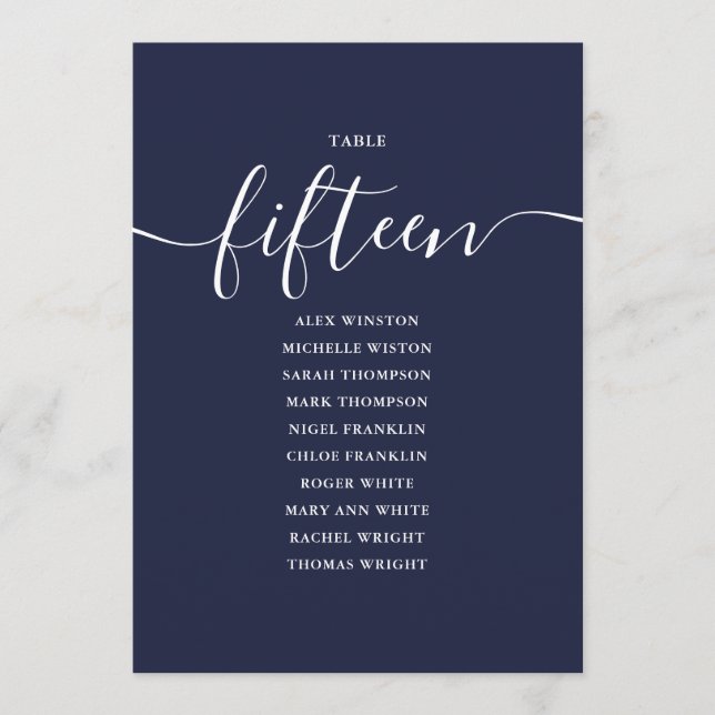 Navy Blue Script Table Number 15 Seating Chart (Front)