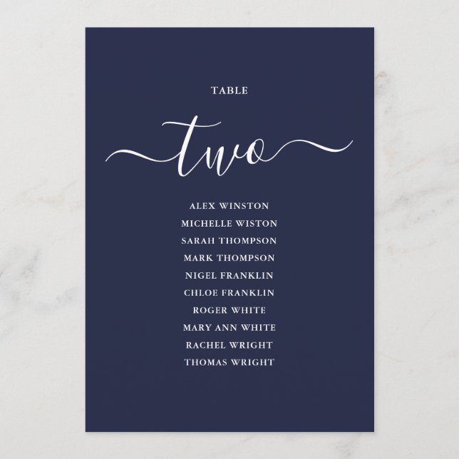 Navy Blue Script Table Number 2 Seating Chart (Front)