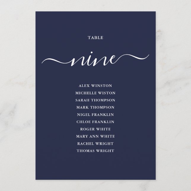 Navy Blue Script Table Number 9 Seating Chart (Front)