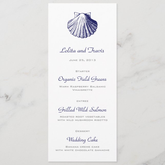 Navy Blue Sea Shell Wedding Menu Card (Front)