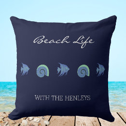 Navy Blue Sea Shells Fish Family Name Beach House Throw Pillow