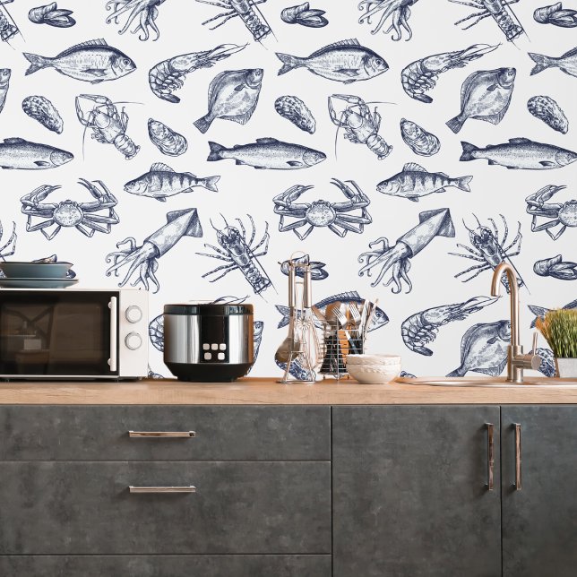 Navy Blue Seafood Pattern Kitchen Peel & Stick Wallpaper (Navy Blue Seafood Pattern Kitchen Peel & Stick Wallpaper
)