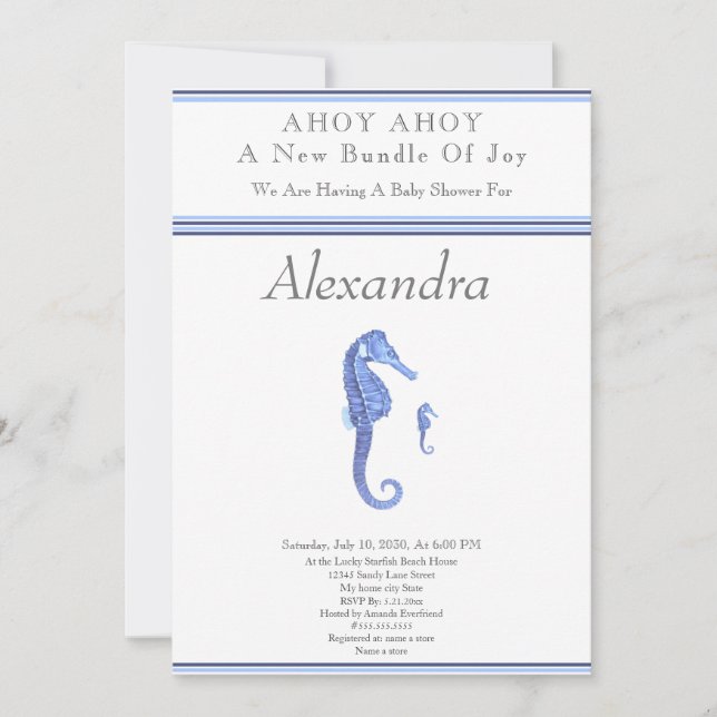 Navy Blue Seahorse Ahoy it's a boy Baby Shower (Front)