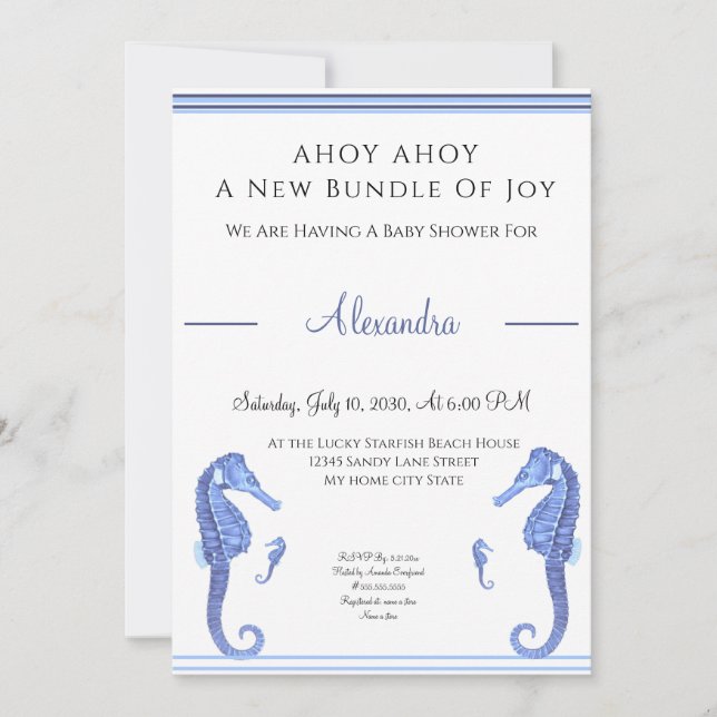 Navy Blue Seahorse Ahoy it's a boy Baby Shower (Front)