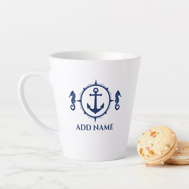Navy Blue Seahorse & Anchor Your Name 2 Sided Latte Mug (In Situ)