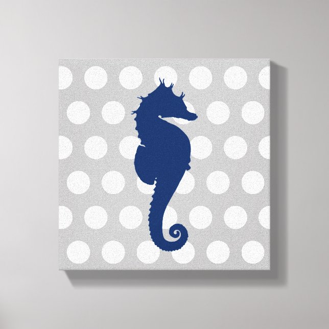 Navy Blue Seahorse Grey and White Polka Dots Canvas Print (Front)