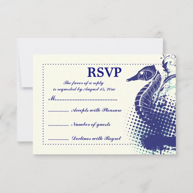 Navy blue seahorse on ivory summer wedding RSVP (Front)