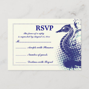 Navy blue seahorse on ivory summer wedding RSVP Card