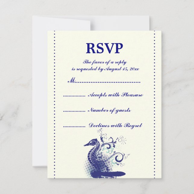 Navy blue seahorse on ivory wedding RSVP card (Front)