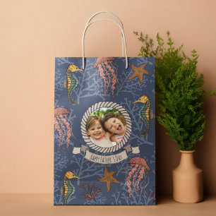 Navy Blue Seahorse Starfish Jellyfish  Medium Gift Bag