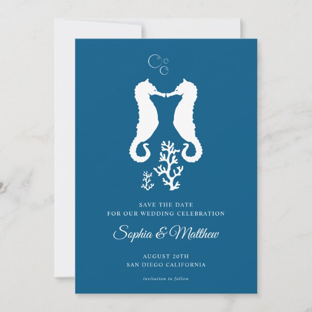 Navy Blue Seahorse Tropical Coastal Save The Date (Front)