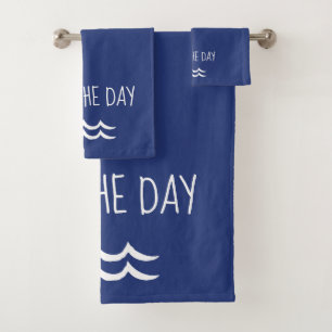 Navy Blue Seas the Day Waves Nautical Bath Towel Set