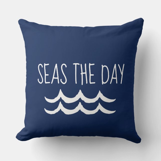 Navy Blue Seas the Day Waves Nautical Throw Pillow (Front)