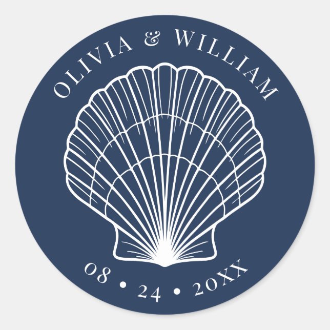 Navy Blue Seashell Beach Coastal Wedding  Classic Round Sticker (Front)