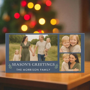 Navy Blue Season's Greetings Photo Botanical  Holiday Card