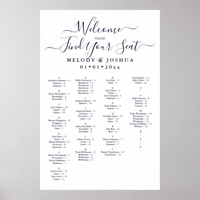 NAVY BLUE SEATING CHART, ALPHABETICAL POSTER (Front)