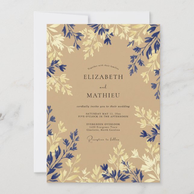 Navy Blue Serene Botanical Wedding Invitation (Front)