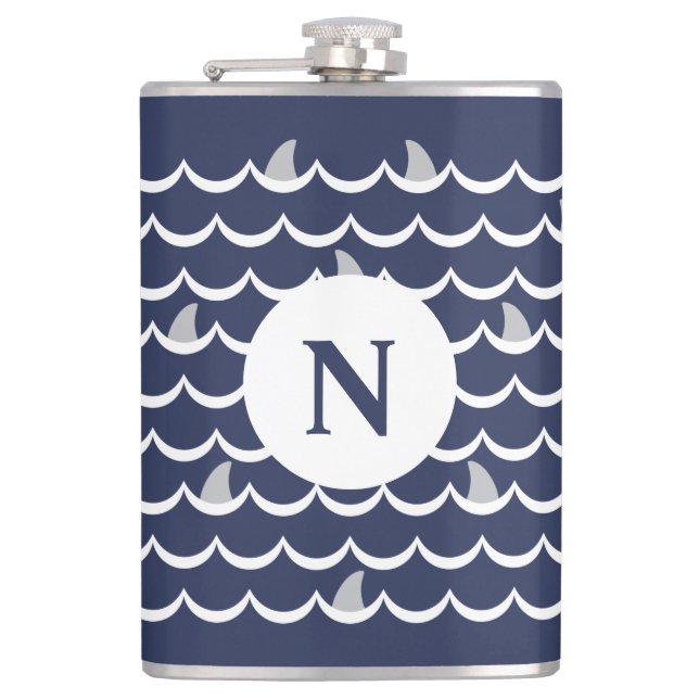 Navy Blue Shark Fin Monogram Mug Hip Flask (Front)