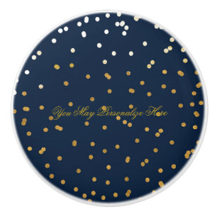 Navy Blue & Shiny Gold Faux Foil Confetti Dots Ceramic Knob