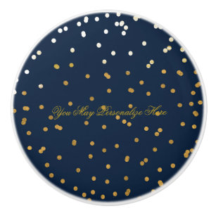 Navy Blue & Shiny Gold Faux Foil Confetti Dots Ceramic Knob
