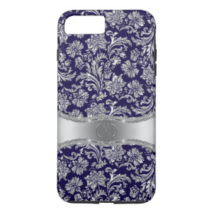 Navy Blue & Shiny Silver Floral Damasks Case-Mate iPhone Case