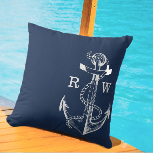 Navy Blue Ship Nautical Anchor & Rope Monogram Outdoor Pillow