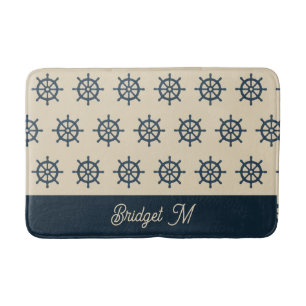 navy blue ship wheel & Monogram Beige Coastal home Bath Mat