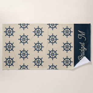 navy blue ship wheel & Monogram Beige Coastal home Beach Towel