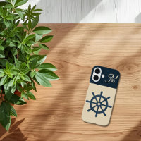 navy blue ship wheel & Monogram Beige Coastal home
