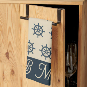 navy blue ship wheel & Monogram Beige Coastal home Kitchen Towel