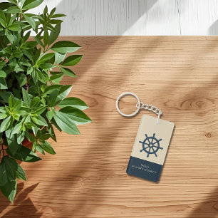 navy blue ship wheel with Name and Coordinates Keychain