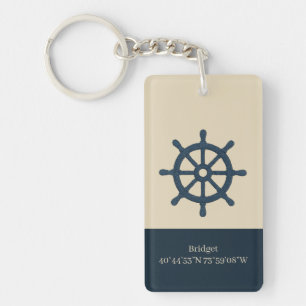 navy blue ship wheel with Name and Coordinates Keychain