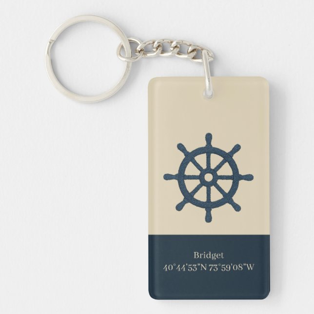 navy blue ship wheel with Name and Coordinates Keychain (Front)
